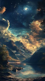 Celestial spiral illuminates tranquil fantasy mountain lake.