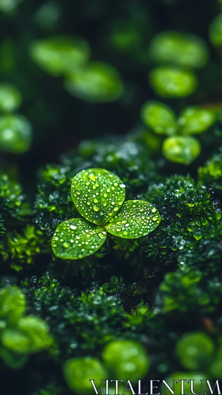 Macro clover leaf with morning dew on lush green moss.