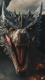 Fire-breathing dragon roars amid embers and storm clouds.