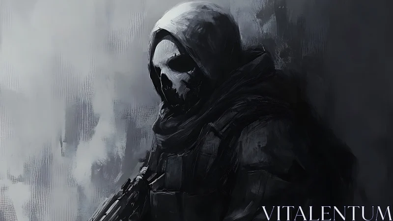 Hooded skull-masked soldier in monochrome digital portrait.