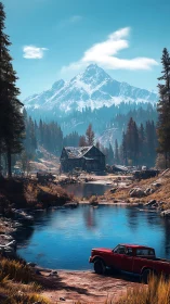 Mountain lake cabin with red truck in crisp autumn light.