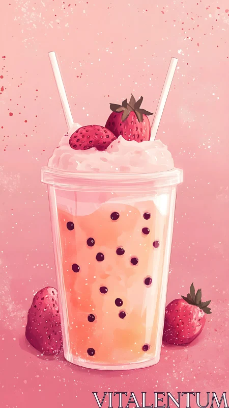 Strawberry bubble tea illustration with whipped foam stratification.