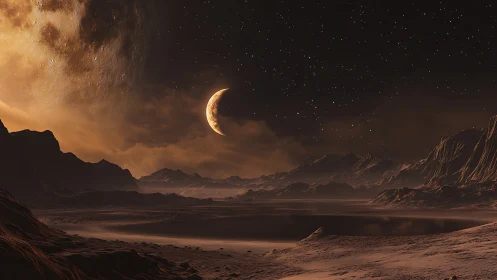 Crescent planet over arid extraterrestrial valley at dusk.