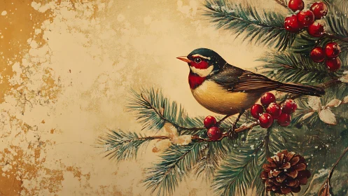 Cozy winter songbird perched among pine and berries.