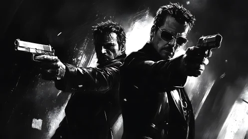 Dual gunmen hold their ground in a stark noir crossfire