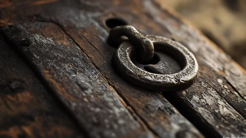 Weathered iron ring latch on rustic wooden surface in macro focus
