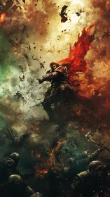 Armored warrior in burning battlefield with fragmented sky.