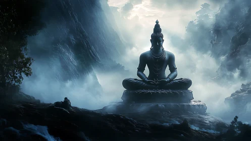 Mystic seated deity statue in foggy mountain valley.