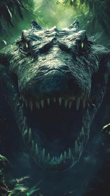 Predatory dinosaur roars inside bioluminescent jungle gloom.