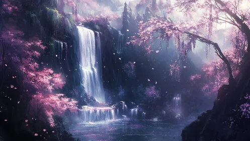 Moonlit cherry falls whisper through a violet fantasy gorge.