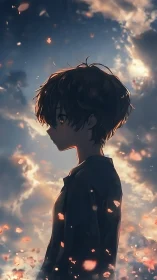 Anime silhouette portrait amid dusk sky and petals.