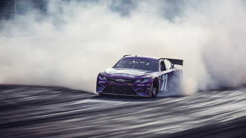 Purple stock car executes high-speed drift in dense tire smoke
