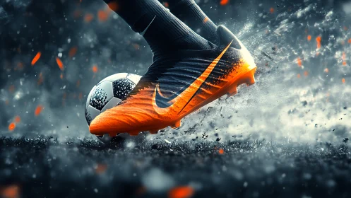 Dynamic close-up of orange soccer boot striking wet ball.
