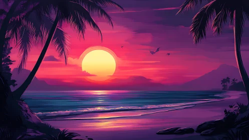 Tropical shoreline at sunset with palm silhouettes and birds.