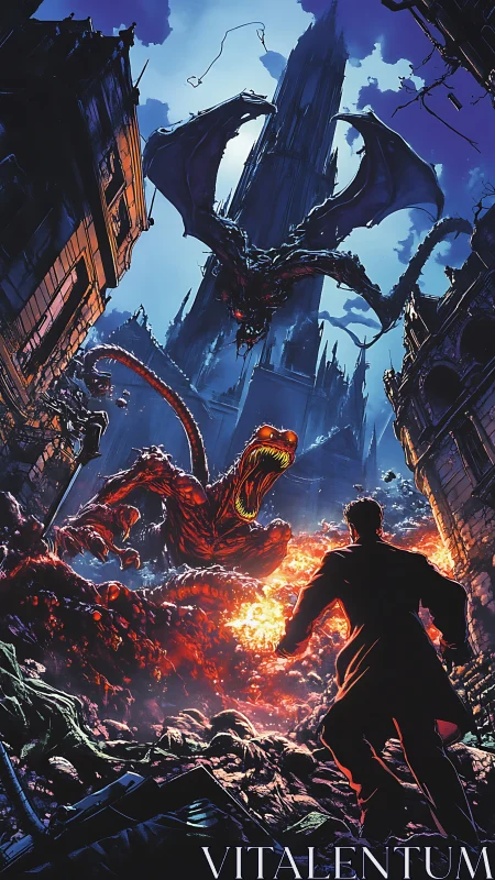 Dynamic comic-style infernal kaiju battle in ruined cityscape.