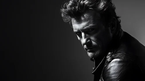 High-contrast monochrome portrait of man in leather jacket.