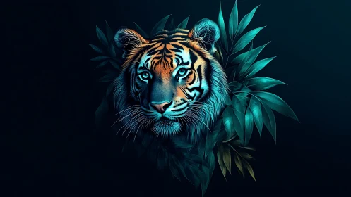 Mystic neon tiger emerges from lush teal jungle shadows
