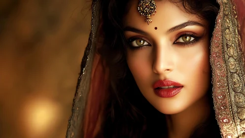 Close-up digital portrait of woman in ornate traditional veil