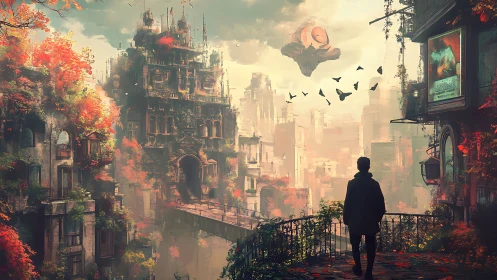 Solitary figure contemplates a lush decaying future city.