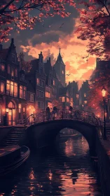 Twilight canal bridge under fiery autumn sky reflections.