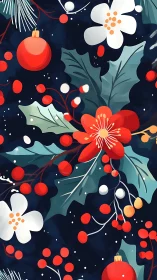 Stylized winter foliage and ornaments form a repeating pattern