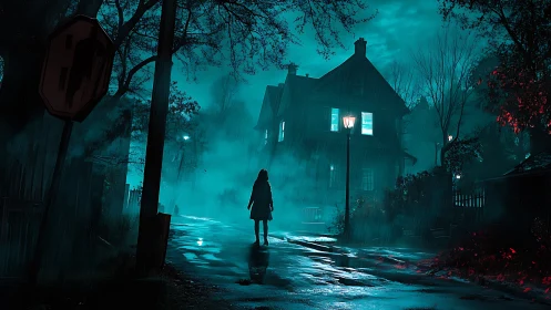 Cinematic night street scene with silhouetted figure in rain.