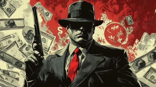 Noir enforcer with revolver amid kinetic currency cascade.