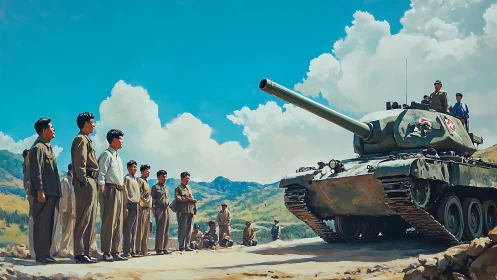 Military inspection beside heavy tank under bright sky.