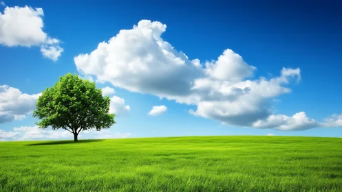 Lone Tree on Lush Green Hill Under Bright Blue Sky, Photorealistic Style.