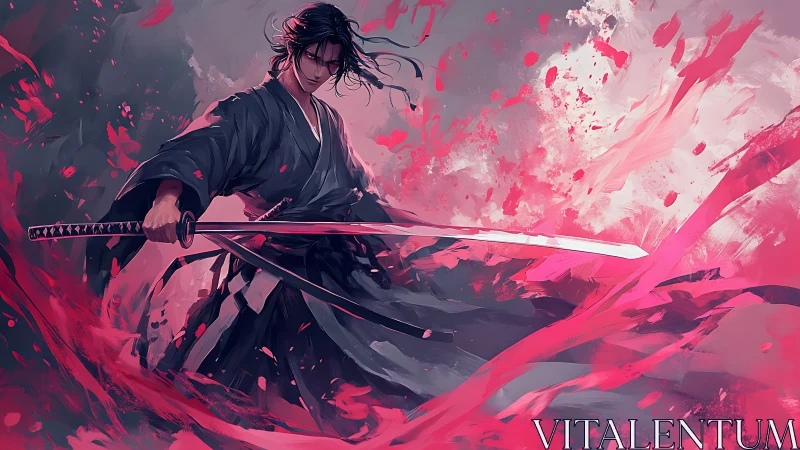 Dynamic samurai warrior in sweeping crimson brushwork digital painting.