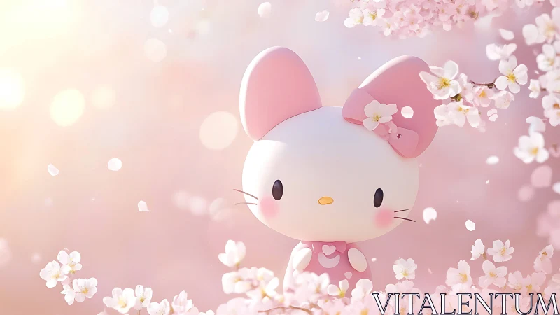 Pink cartoon cat among soft-focus cherry blossoms.