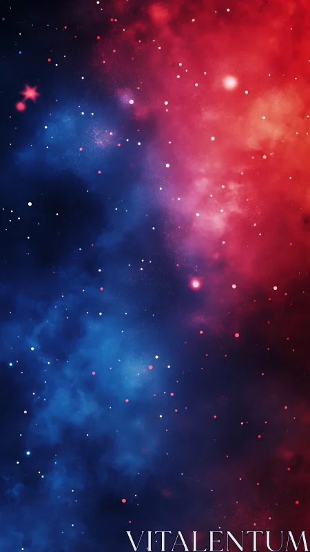 Nebula starfield merges crimson light with deep cobalt void.