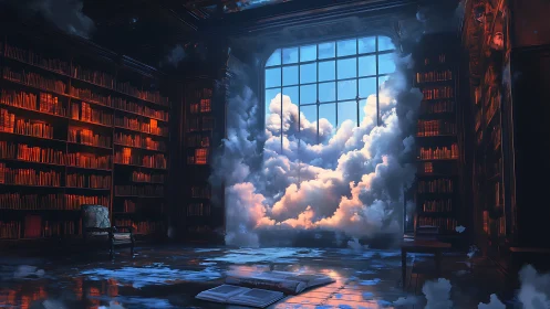 Story-filled clouds drift gently into a glowing library retreat