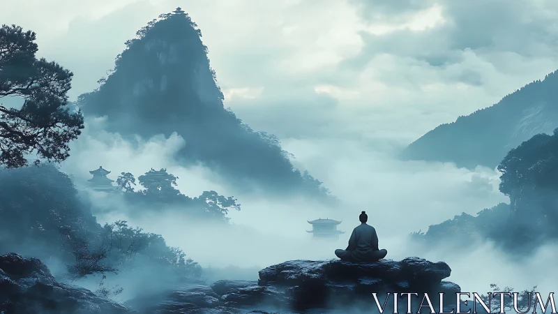 Mist-veiled monk gazes toward sky temples in teal silence.