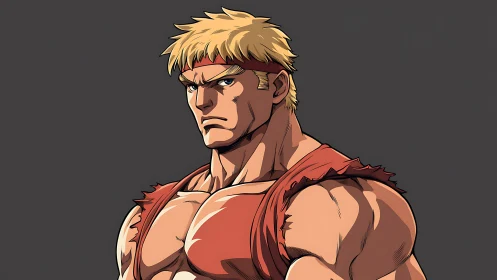 Stoic blonde warrior in tattered red training gear stands tall.