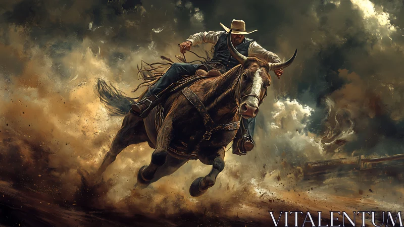 Dynamic cowboy on charging horse rendered in cinematic dust storm