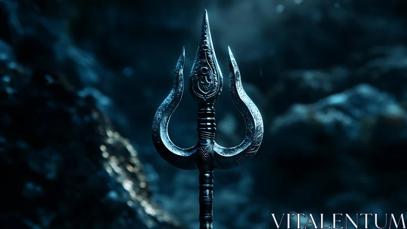 Engraved trident spearhead in cinematic low-key aqua lighting.