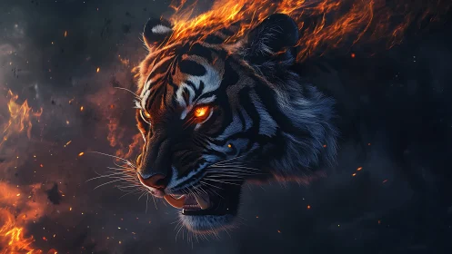 Digital painting of flaming tiger head in dynamic profile view.