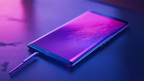 Digital device glowing with neon pink and blue gradient.