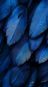 Close-up of layered blue feathers with dew droplets