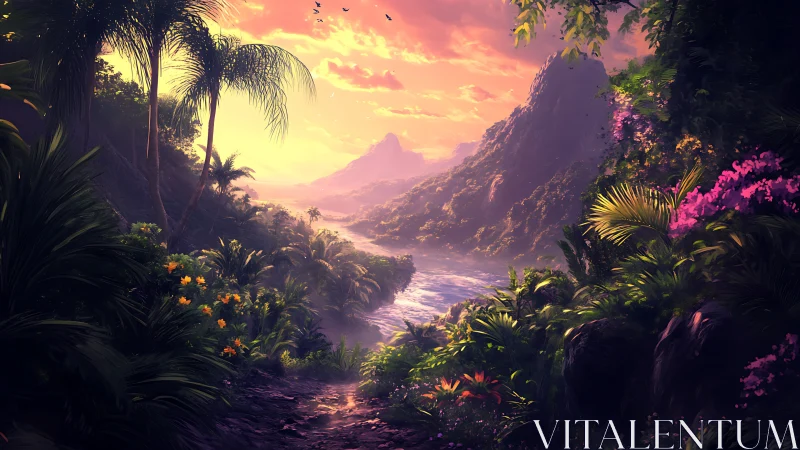 Sunlit jungle river winding through misty violet mountains.