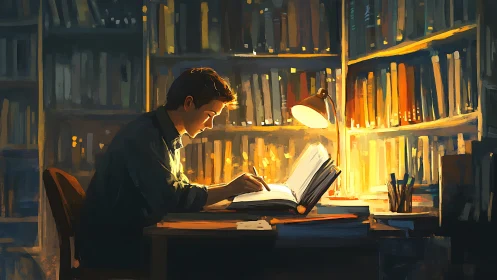 Focused student reading under warm desk lamp in library.