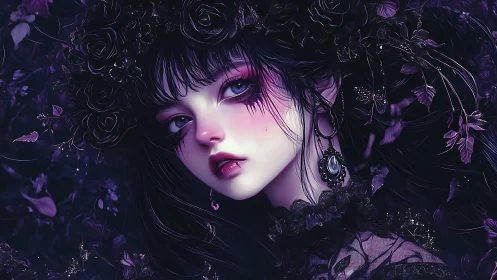 Dreamy gothic girl in violet roses and moonlit shadows.