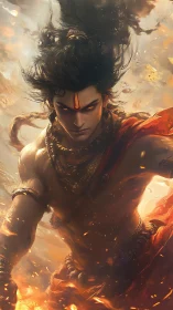 Fire-eyed warrior strides through swirling celestial embers