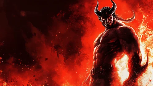 Fire-forged demon stands tall in a storm of glowing embers.