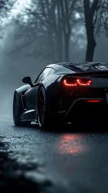 Sports car rear view is shown on wet forest roadway