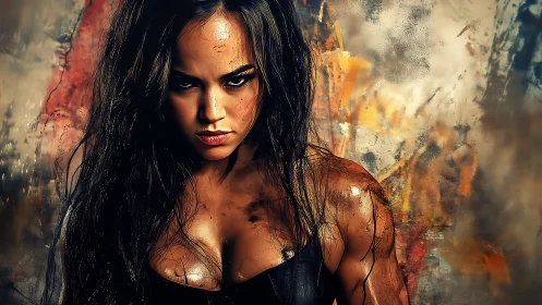 Fierce warrior woman amid abstract fiery textures.