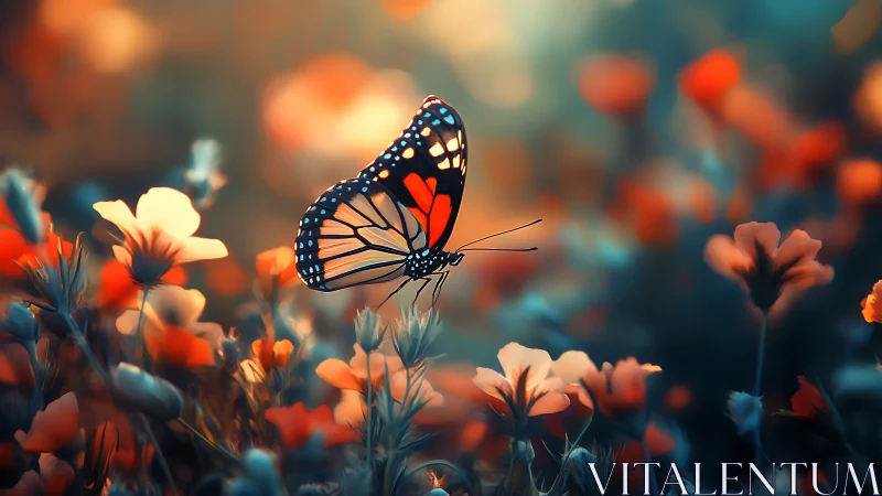 Butterfly hovers over blurred wildflowers in shallow depth