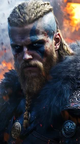 Battle-scarred Viking warrior close-up with war paint and fur