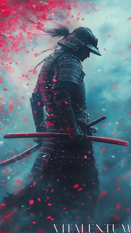 Silhouetted samurai figure amid red petals and mist.